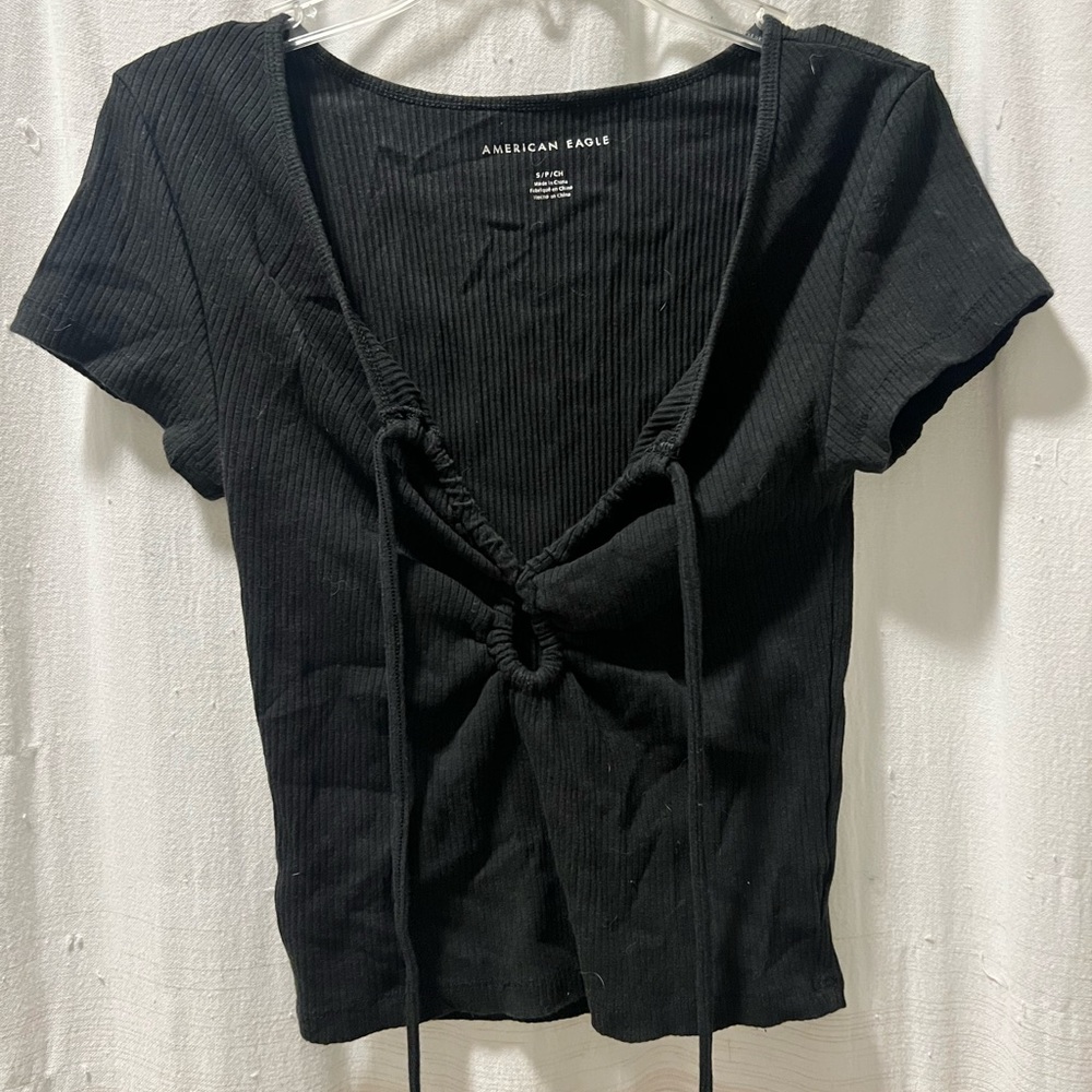 American Eagle Outfitters Black Tie-Front Crop Blouse